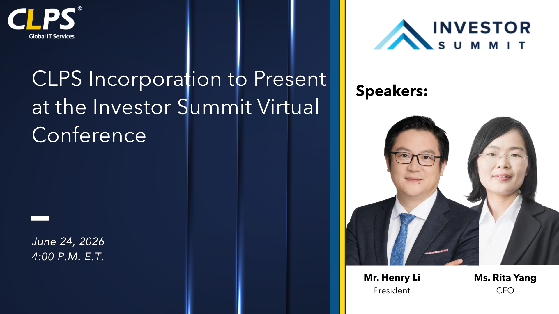 CLPS Incorporation to Present at the Investor Summit Virtual Conference
